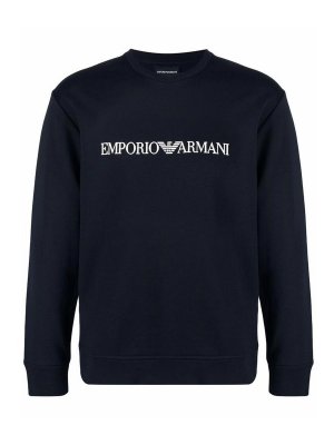 EMPORIO ARMANI: Sweatshirts & Sweaters - Navy Blue Logo-Print Crew-Neck Sweatshirt