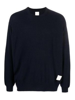 EMPORIO ARMANI: crew necks - Navy logo-patch fine-knit jumper