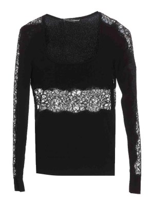 DOLCE & GABBANA: crew necks - Black pullover crewneck lace