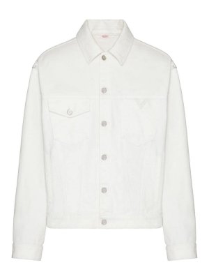 VALENTINO コットン デニム ブレザー ホワイト Valentino V Printed White Logo Light Blue Wash Denim Jacket