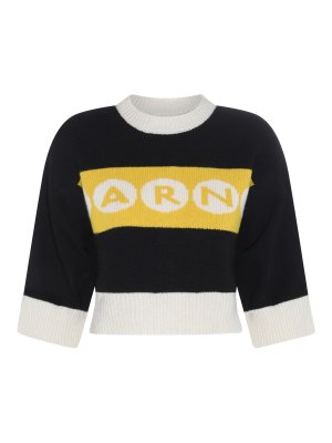 Marni: maglia collo rotondo - Maglione con logo in lana vergine nera