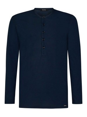 TOM FORD: t-shirts - Navy Blue Cotton Jersey Henley T-Shirt