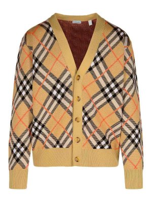 BURBERRY: cardigans - Check Beige Wool Cardigan