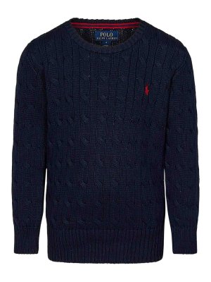 POLO RALPH LAUREN: crew necks - Navy Blue Cable Knit Cotton Sweater For Boys