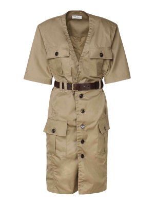 SAINT LAURENT: knee length dresses - Saharienne Dress In Cotton Twill