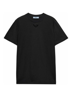 PRADA: t-shirts - Embroidered-Triangle Jersey T-Shirt