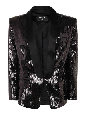 Balmain: blazers - V-Neck Glitter Satin Tailored Jkt