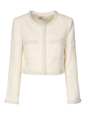 Self Portrait: casual jackets - Cream Boucl Jacket With Pearl Trim