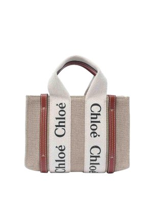 CHLOE': totes bags - Woody Linen Mini Tote Bag