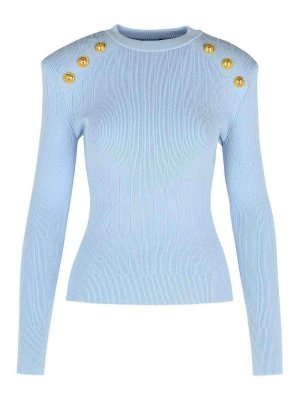 Balmain: Strickpullover mit Rundhalsausschnitt - Rundhalspullover - Hellblau