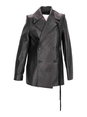 ANN DEMEULEMEESTER: leather coats - Helen Leather Fitted Peacoat Black