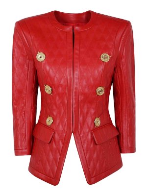 Balmain: Vestes en cuir - Blouson En Cuir - Rouge