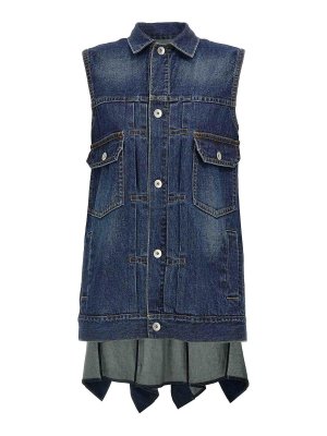 Sacai: knee length dresses - Ruffled Denim Dress