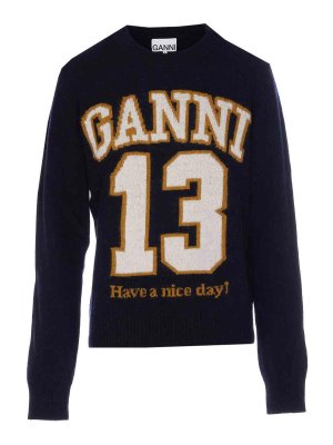 GANNI: crew necks - Blue Graphic Wool Mix Sweater