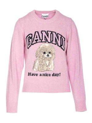 GANNI: crew necks - Chalk Pink Poodle Graphic Wool Sweater