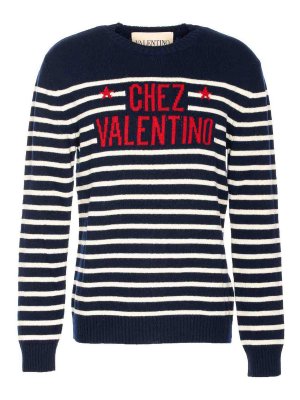 VALENTINO GARAVANI: crew necks - Blue And White Chez Valentino Sweater