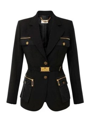 ジャケット ELISABETTA FRANCHI Woman Jacket Black PI70D 110 Short nylon jacquard lettering down jacket - ELISABETTA