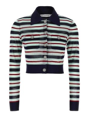 Self Portrait: cardigans - Navy Striped Viscose Knit Cardigan