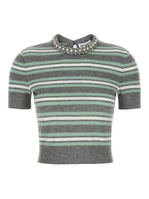 Self Portrait: crew necks - Grey Striped Crystal Trim Knit Sweater