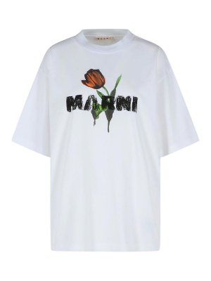 Marni: t-shirts - White Cotton T-Shirt With Tulip Print