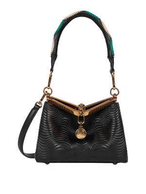 ETRO: cross body bags - Black Wavy Calf Leather Small Vela Bag