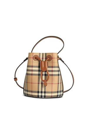 BURBERRY: cross body bags - Check Mini Bucket Bag In Beige Cotton Blend