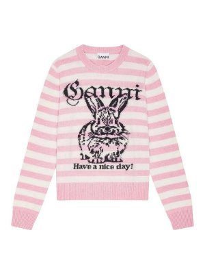GANNI: crew necks - Striped Graphic Wool Mix Bunny Crewneck