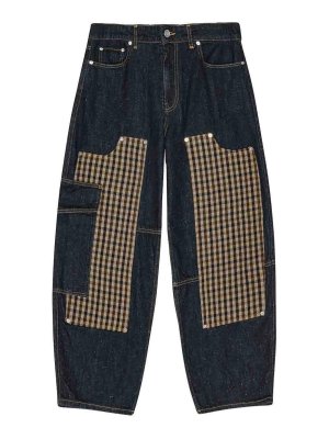 GANNI: bootcut jeans - Midnight Blue Checked Patch Jeans