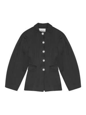 GANNI: blazers - Structured Black Blazer With Jewel Buttons