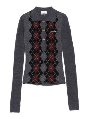 GANNI: polo shirts - Anthracite Grey Long-Sleeve Polo Shirt