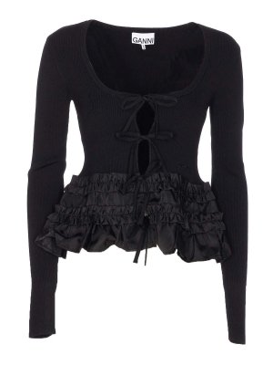 GANNI: cardigans - Black Melange Rib Knit Cardigan