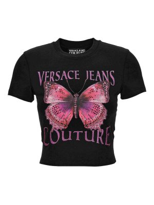 VERSACE JEANS: t-shirts - Black Cotton Crew-Neck T-Shirt With Print