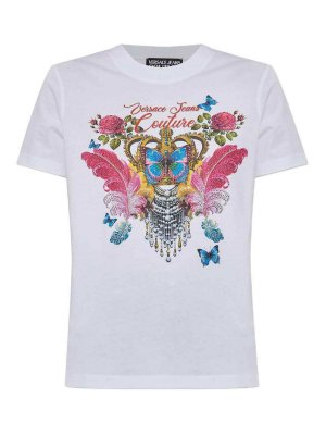 VERSACE JEANS: crew necks - White Cotton Crew Neck T-Shirt With Print