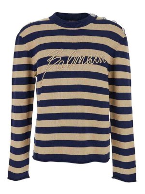 Balmain: boat necks - Striped sweater with logo embroidery