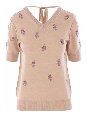 FENDI: crew necks - Floral Motif Embroidered Wool Cropped Jumper