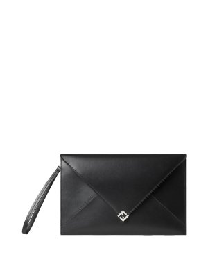 FENDI: clutches - Large Ff Squared Leather Flat Pouch