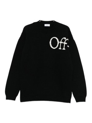 OFF-WHITE: crew necks - Black Crewneck Knit With Beige Logo