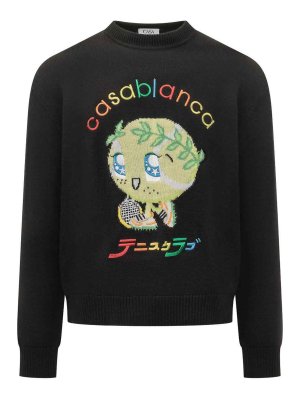 CASABLANCA: crew necks - Black Wool Sweater With Tennis Print And Logo