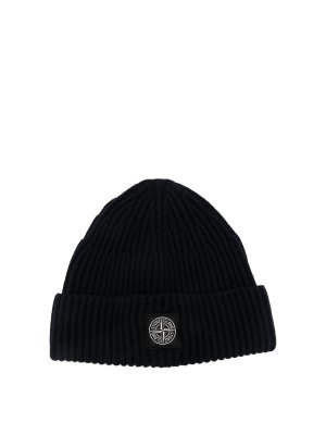 STONE ISLAND: beanies - Blue Navy Beanie In Wool With Logo