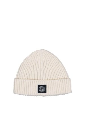 STONE ISLAND: beanies - Ivory Beanie In Wool With Logo