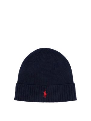 POLO RALPH LAUREN: berretti - Berretto blu in lana con cavallo rosso