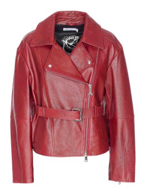PATRIZIA PEPE: leather jacket - Red Leather Jacket With Frontal Zip Closure