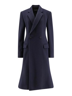 BALENCIAGA: knee length coats - Double-breasted Godet Midi Wool Coat