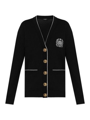Balmain: cardigan - Maglia Cardigan Con Ricamo In Seta
