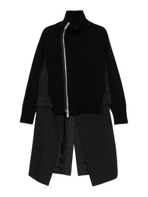 Sacai: knee length dresses - Stripe Doeskin X Wool Knit Coat Dress