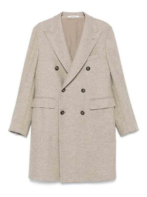 TAGLIATORE: knee length coats - Taupe Double-Breasted Wool Coat