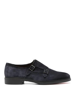 SANTONI: flat shoes - Blue Suede Loafers With Buckles