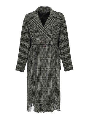 WEEKEND MAX MARA: knee length coats - Carpi Coat In Pied De Poule Wool With Fringes