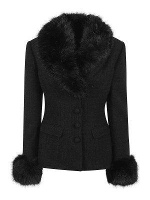 Self Portrait: Fur & Shearling Coats - Black Tailored Boucle Fur Jacket