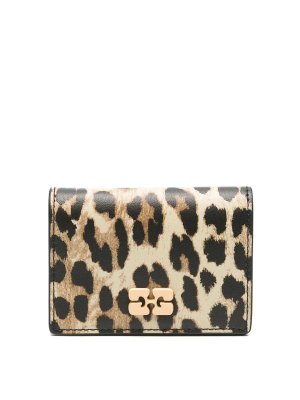 GANNI: wallets & purses - Card Holder With Flap Print Leopard